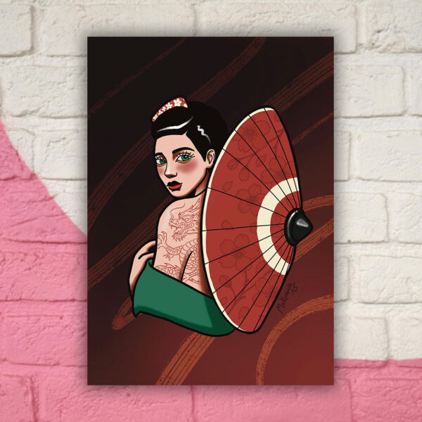 Print de geisha con paraguas, arte inspirado en tatuajes