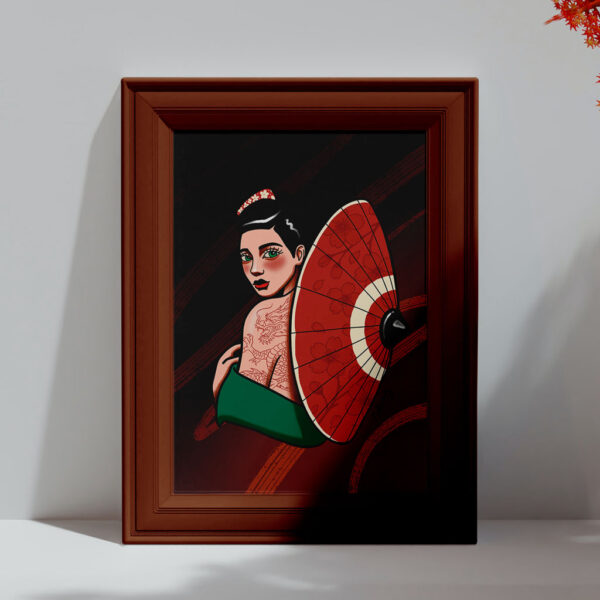 Print de geisha con paraguas, arte inspirado en tatuajes